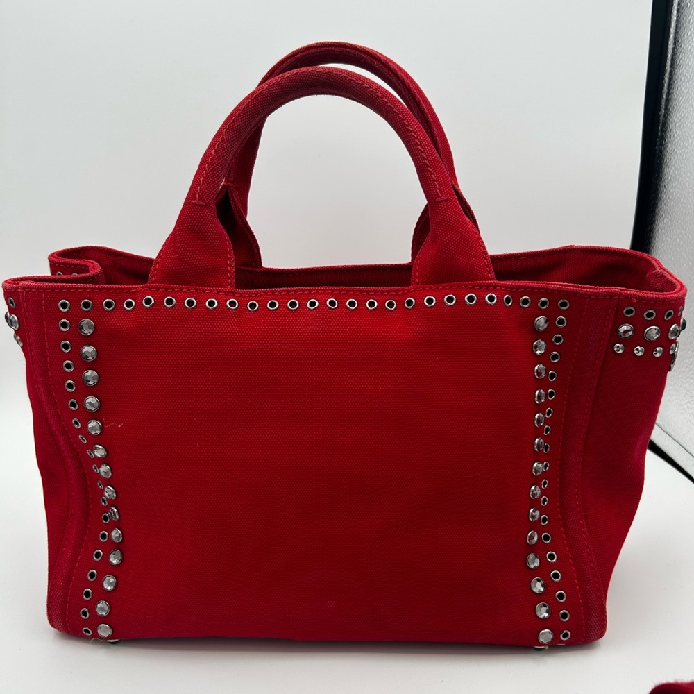 Prada Canapa Red Studded Tote Bag - Picture 5 of 11